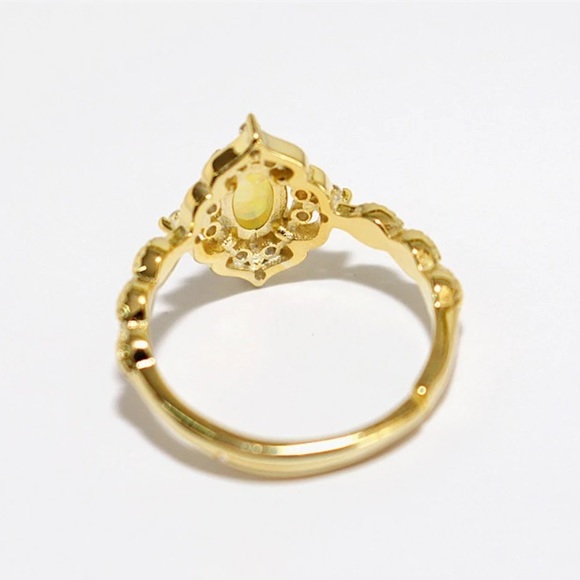 Yellow Gold Blue Oval Opal Fancy Halo Milgrain Ring - Picture 6 of 6